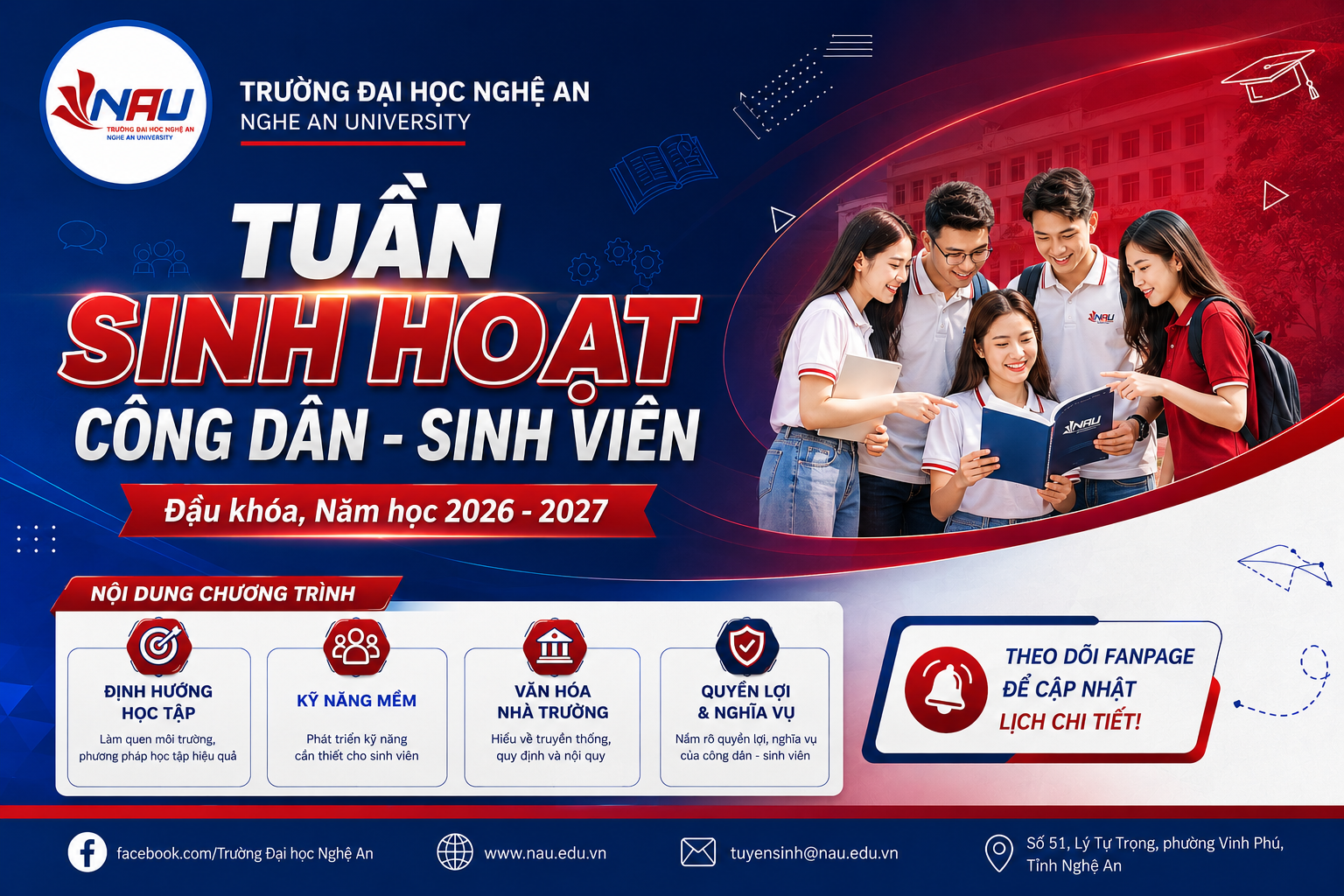 THÔNG BÁO KẾ HOẠCH VÀ LỊCH TỔ CHỨC “TUẦN SINH HOẠT CÔNG DÂN – SINH VIÊN” ĐẦU KHÓA Năm học 2026 – 2027 dành cho Tân sinh viên ĐH13 & CĐMN K48