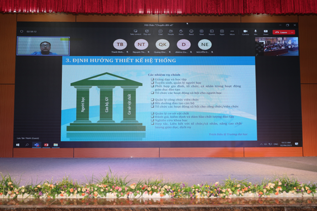 Diễn giả Lưu Tân Thịnh - phó giám đốc trung tâm chuyển đổi số Tập đoàn Trí Nam chia sẻ một số kinh nghiệm trong việc định hướng thiết kế, xây dựng và vận hành hệ thống trường ĐH Số.