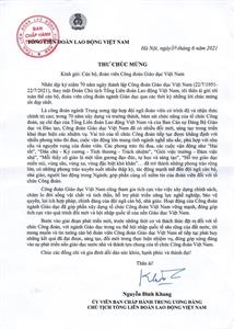 Thư chúc mừng kỷ niệm 70 năm Ngày thành lập Công đoàn Giáo dục Việt Nam của đ/c Nguyễn Đình Khang – Chủ tịch Tổng Liên đoàn Lao động Việt Nam