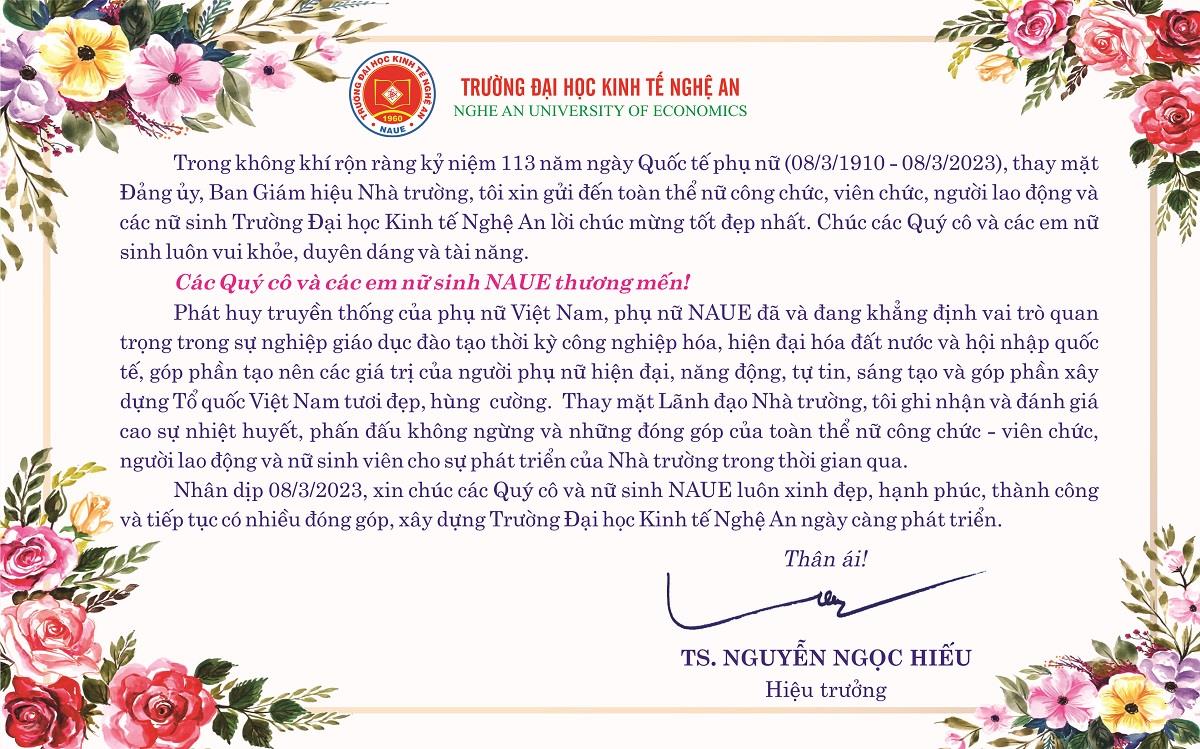 Thư chúc mừng Ngày Quốc tế Phụ nữ 8/3 của Hiệu trưởng Trường Đại học Kinh tế Nghệ An
