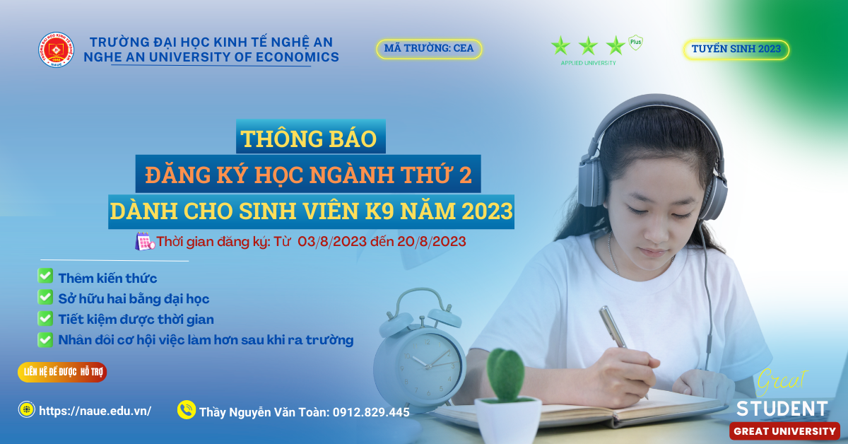 Thông báo về việc đăng ký ngành 2 cho sinh viên khóa 9 năm 2023.