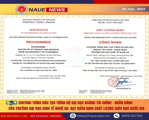 Chương trình đào tạo ngành Tài chính – Ngân hàng của Trường Đại học Nghệ An đạt kiểm định chất lượng giáo dục quốc gia