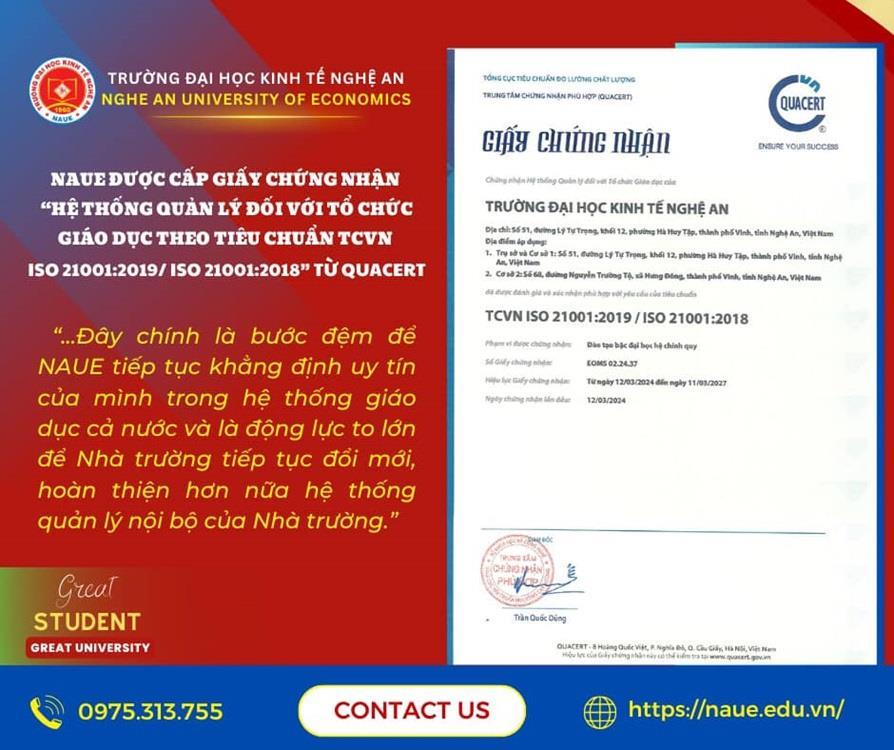 Trường Đại học Đầu tiên trong khu vực Bắc Trung Bộ vinh dự nhận giấy chứng nhận Hệ thống quản lý đối với Tổ chức giáo dục TCVN ISO 21001:2029/ISO 21001:2018 từ QUACERT