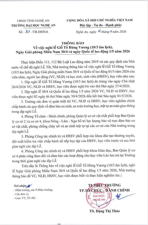 TB lịch nghỉ lễ Giỗ tổ và 30/4 – 1/5