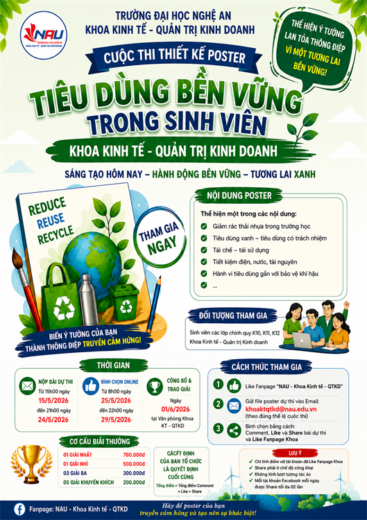 PHÁT ĐỘNG CUỘC THI THIẾT KẾ POSTER: “TIÊU DÙNG BỀN VỮNG TRONG SINH VIÊN KHOA KINH TẾ – QUẢN TRỊ KINH DOANH”
