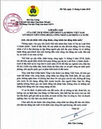 Lời kêu gọi của CHủ tịch LĐLĐVN gửi đoàn viên công đoàn, công nhân lao động