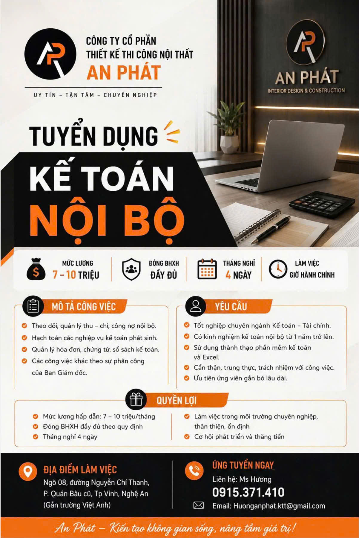 Cơ hội việc làm cho sinh viên Kế toán: CTCP thiết kế thi công nội thất An Phát