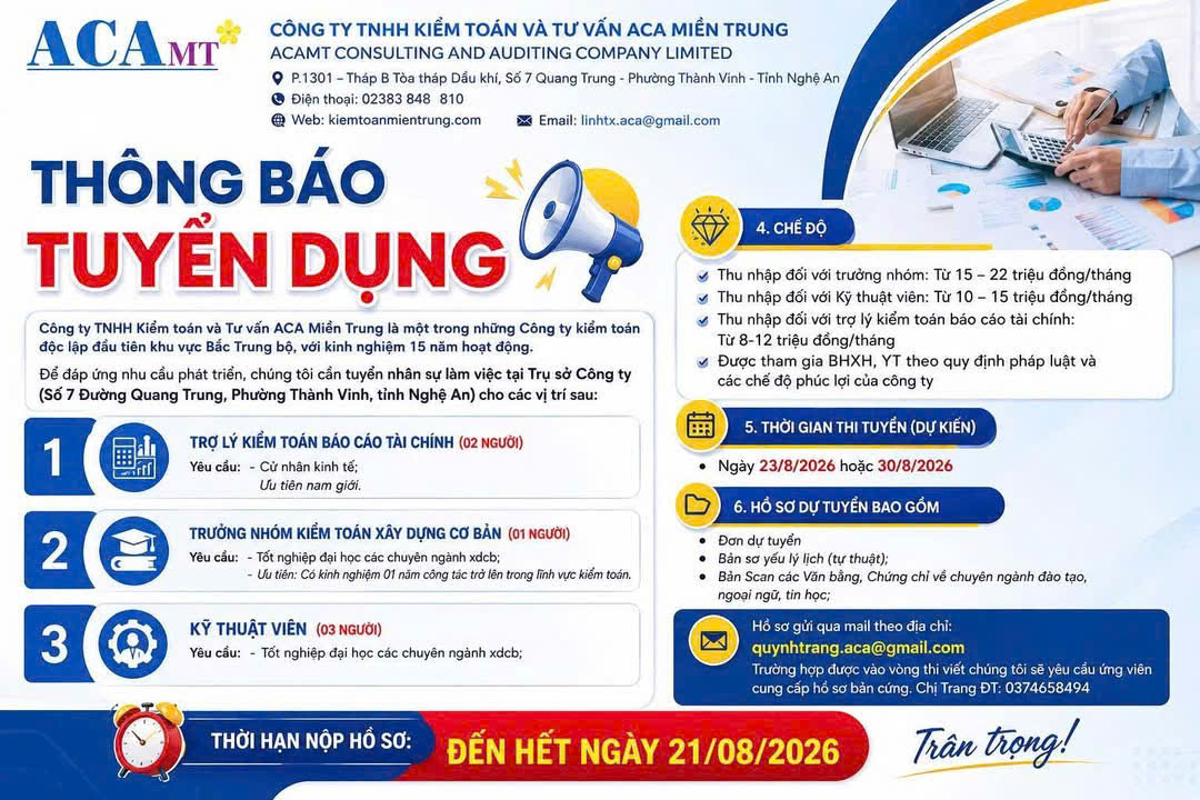Cơ hội việc làm cho Sinh viên kế toán: Công ty TNHH Kiểm toán và tư vấn ACA Miền Trung