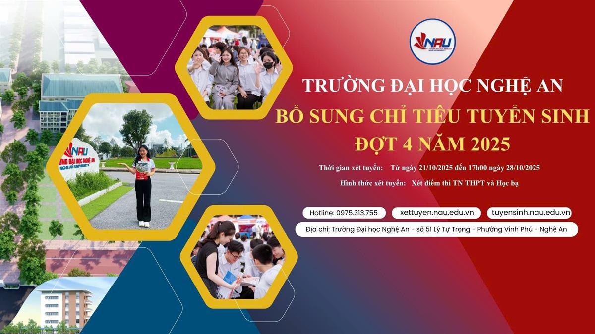 TRƯỜNG ĐẠI HỌC NGHỆ AN BỔ SUNG CHỈ TIÊU TUYỂN SINH VÀ THÔNG BÁO ĐIỂM XÉT TUYỂN ĐẠI HỌC CHÍNH QUY – ĐỢT 4 NĂM 2025
