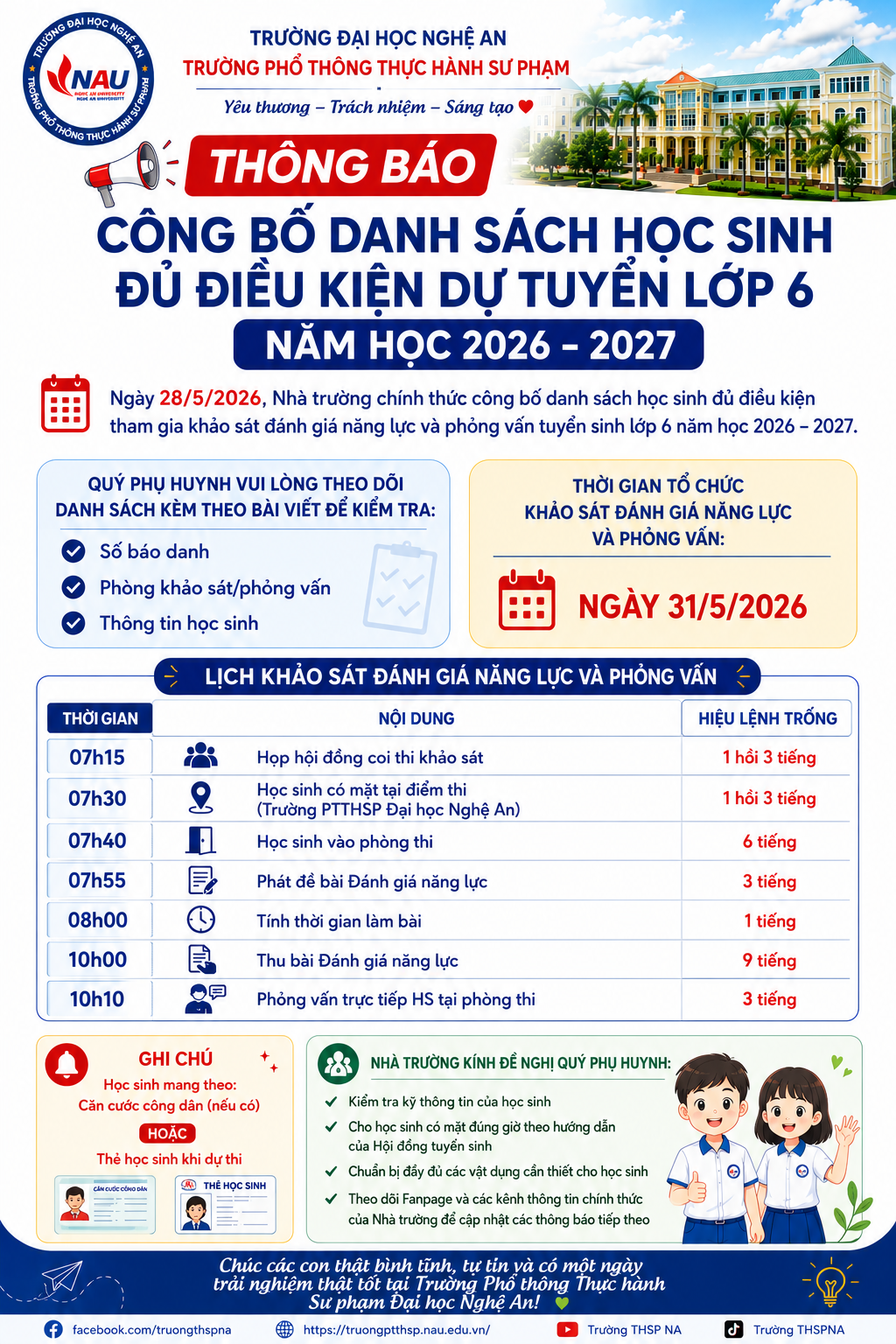 THÔNG BÁO CÔNG BỐ DANH SÁCH HỌC SINH ĐỦ ĐIỀU KIỆN DỰ TUYỂN LỚP 6 NĂM HỌC 2026 – 2027