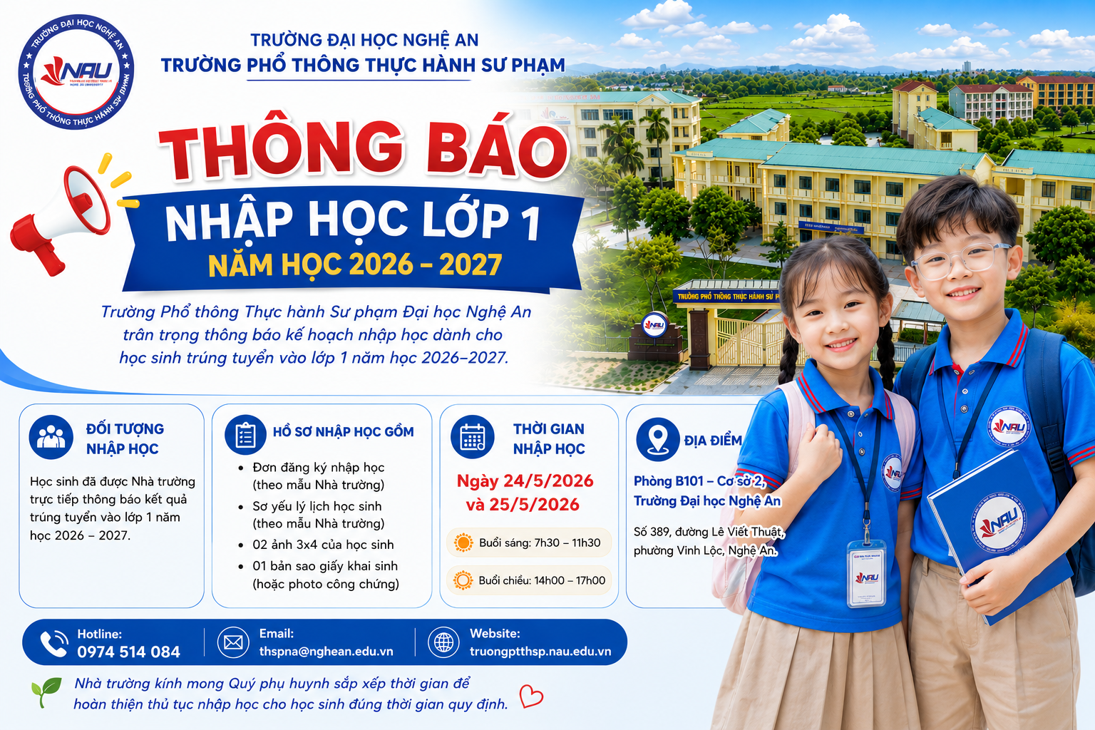 THÔNG BÁO NHẬP HỌC LỚP 1 NĂM HỌC 2026 – 2027