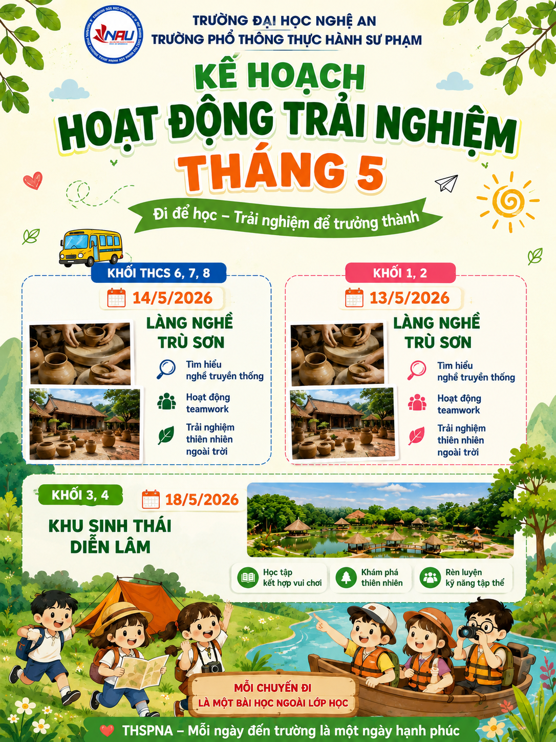 TRƯỜNG PT THSP NGHỆ AN XÂY DỰNG KẾ HOẠCH TỔ CHỨC HOẠT ĐỘNG TRẢI NGHIỆM THÁNG 5/2026