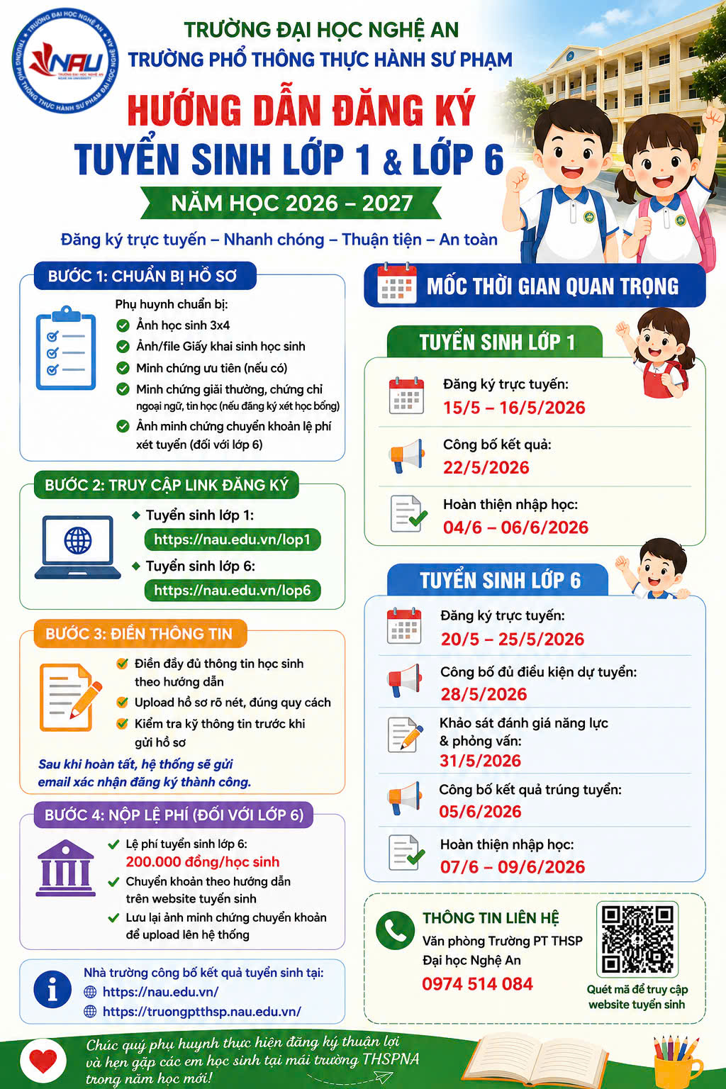 HƯỚNG DẪN ĐĂNG KÝ TUYỂN SINH LỚP 1 & LỚP 6 TRƯỜNG PT THỰC HÀNH SƯ PHẠM ĐẠI HỌC NGHỆ AN NĂM HỌC 2026 – 2027