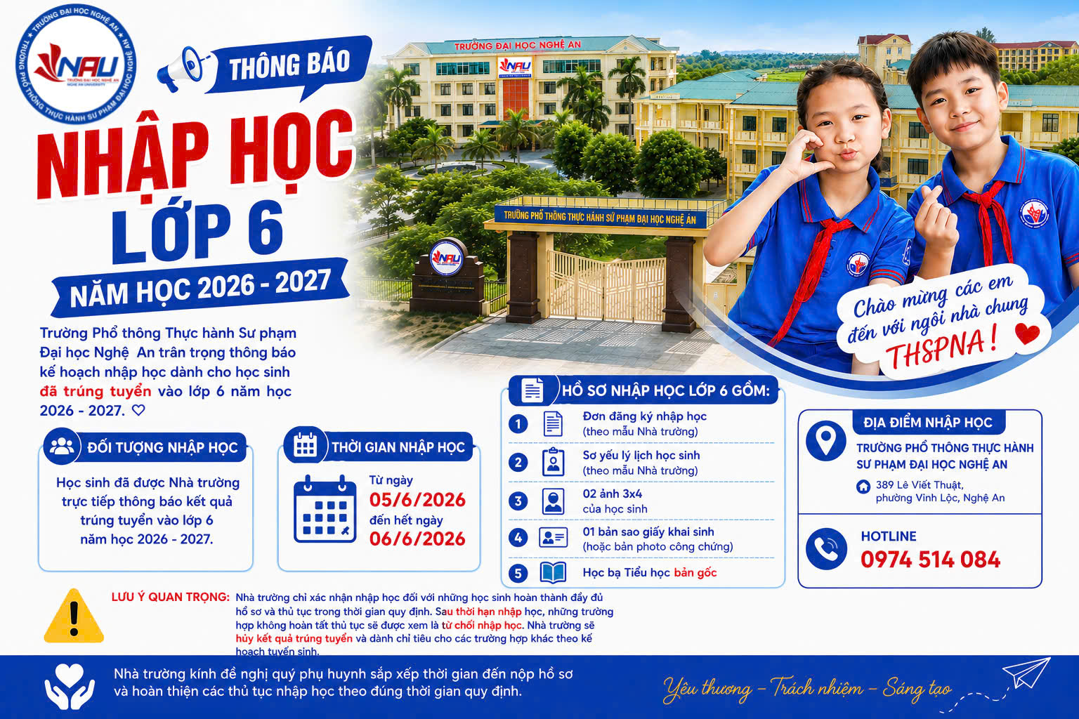 THÔNG BÁO NHẬP HỌC LỚP 6 NĂM HỌC 2026 – 2027