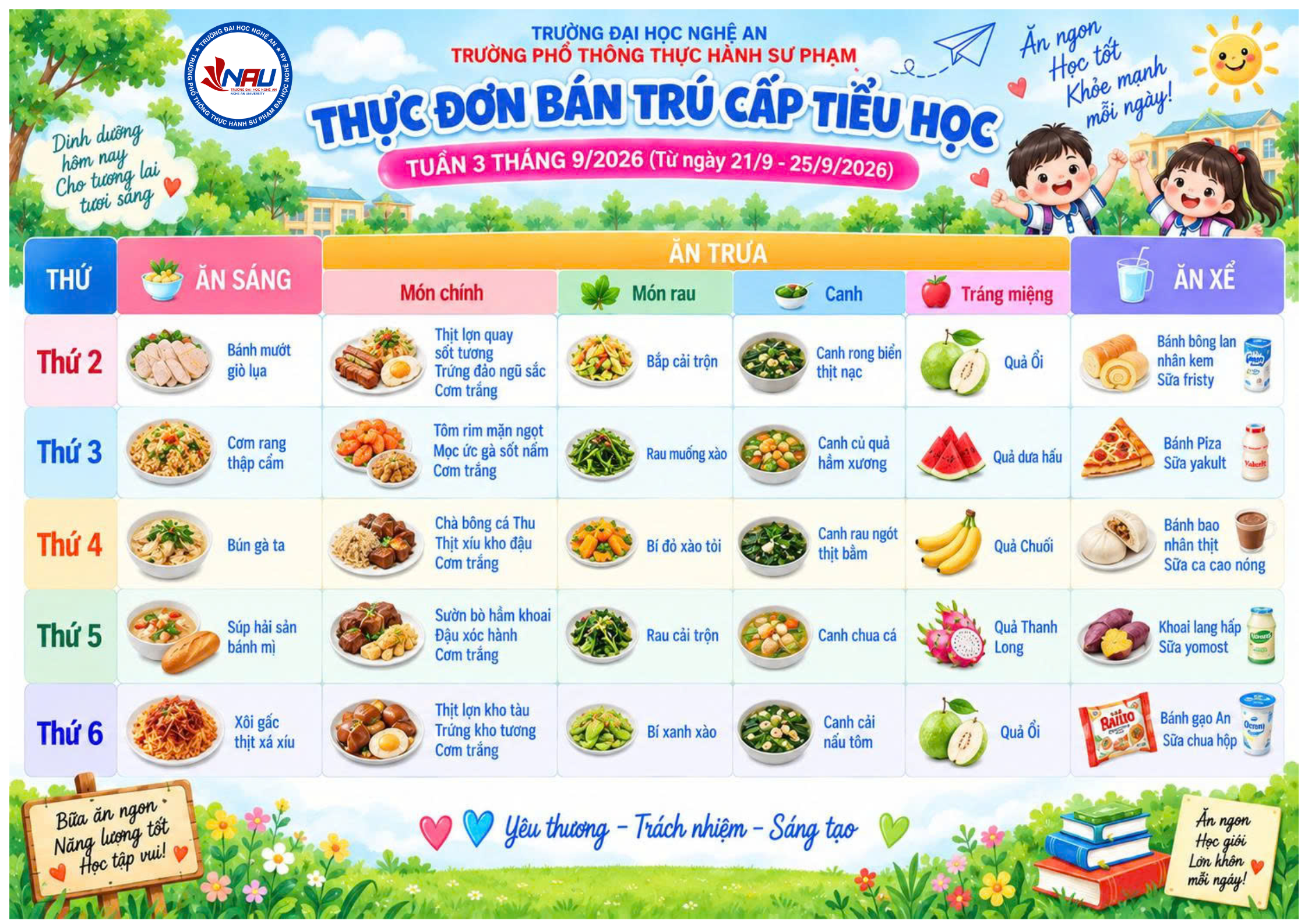 THỰC ĐƠN BÁN TRÚ TUẦN 3 – THÁNG 9 (21/9 – 25/9/2026)