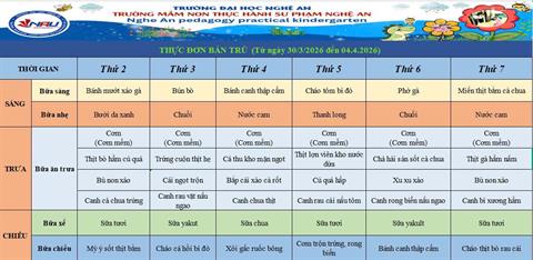 Thực đơn bán trú từ ngày 30/3/2026 đến ngày 04/4/2026