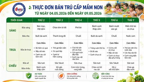 Thực đơn bán trú tuần 2 tháng 5/2026